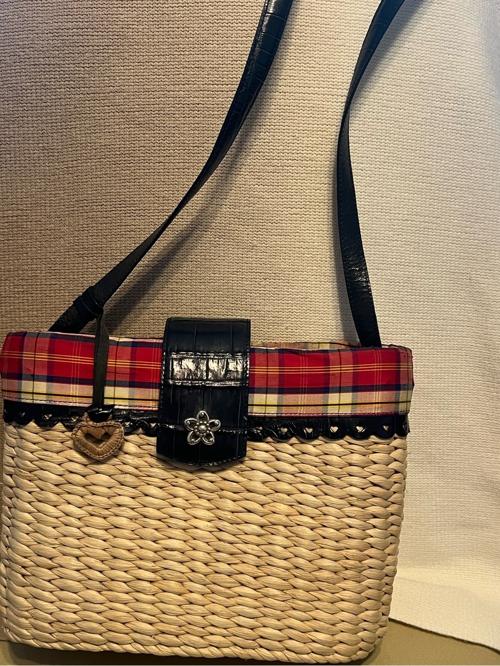 Brighton Plaid & Leather & Straw shoulder Purse. W/ Charm & Brighton Star